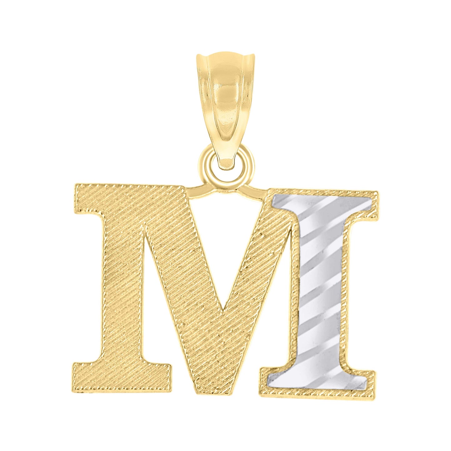 10k Two Tone Gold Unisex Diamond Cut Initial M Charm Pendant