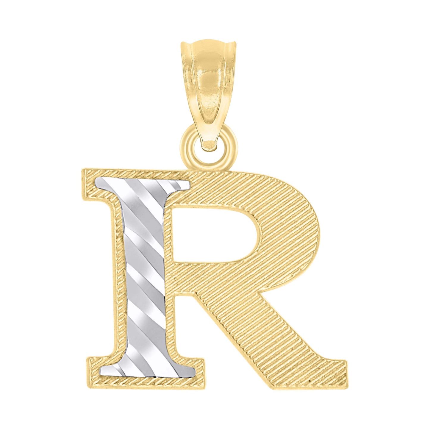 10k Two Tone Gold Unisex Diamond Cut Initial R Charm Pendant