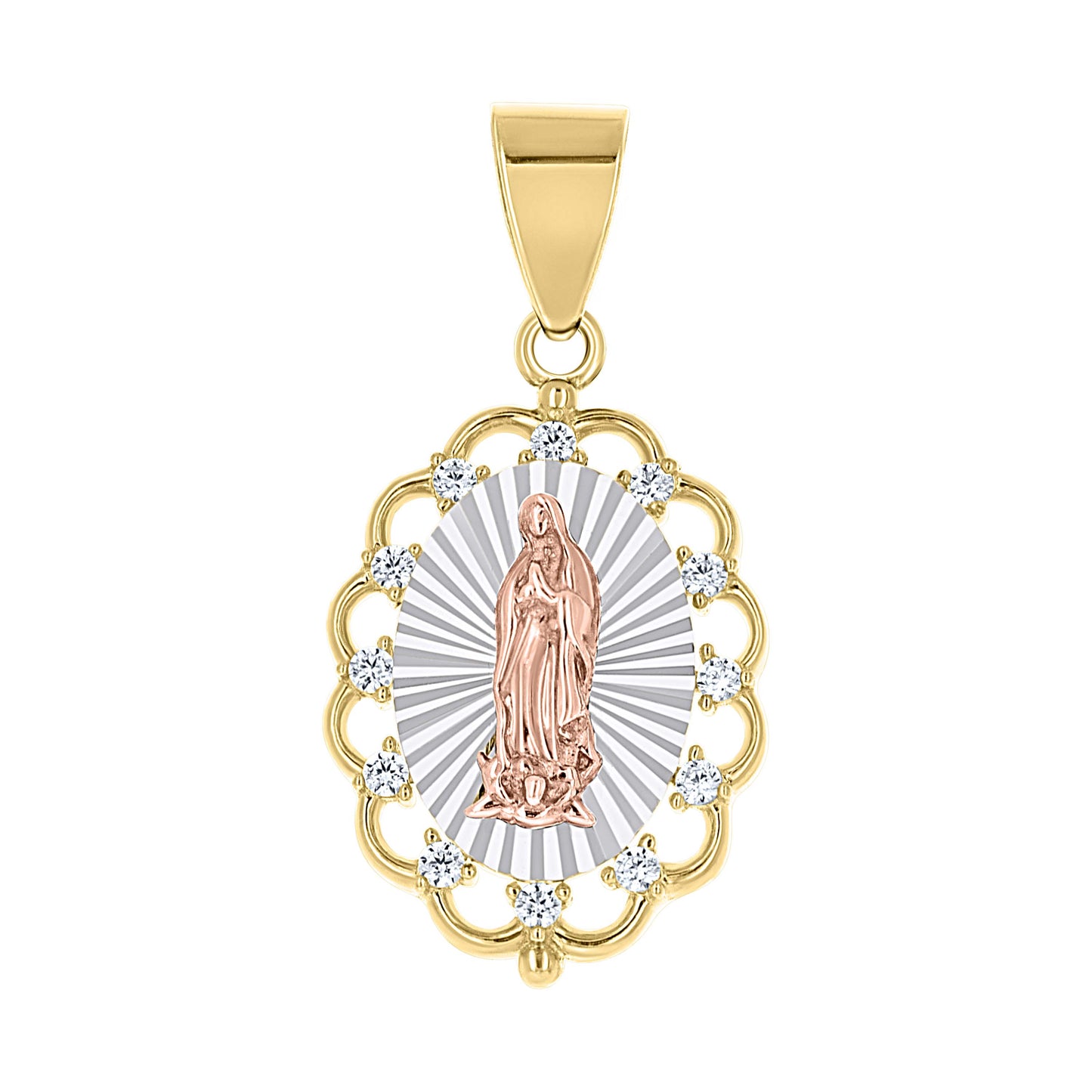 10kt Tri-Color Gold Unisex Cubic-Zirconia Guadalupe Religious Pendant