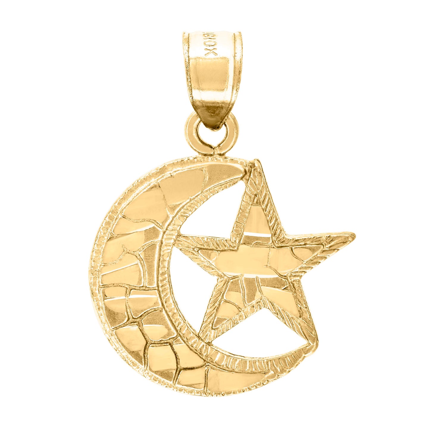 10kt Yellow Gold Nugget Unisex Star Moon Religious Charm Pendant