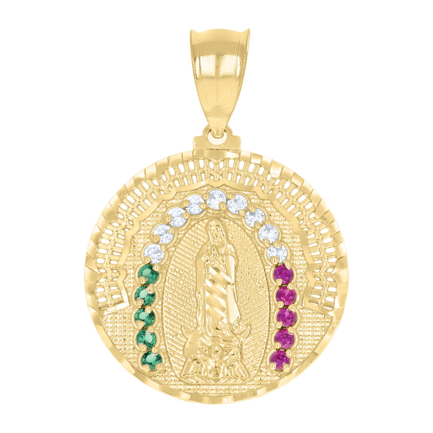 10k Yellow Gold Mens White Purple/Green Cubic Zirconia Guadalupe Religious Pendant