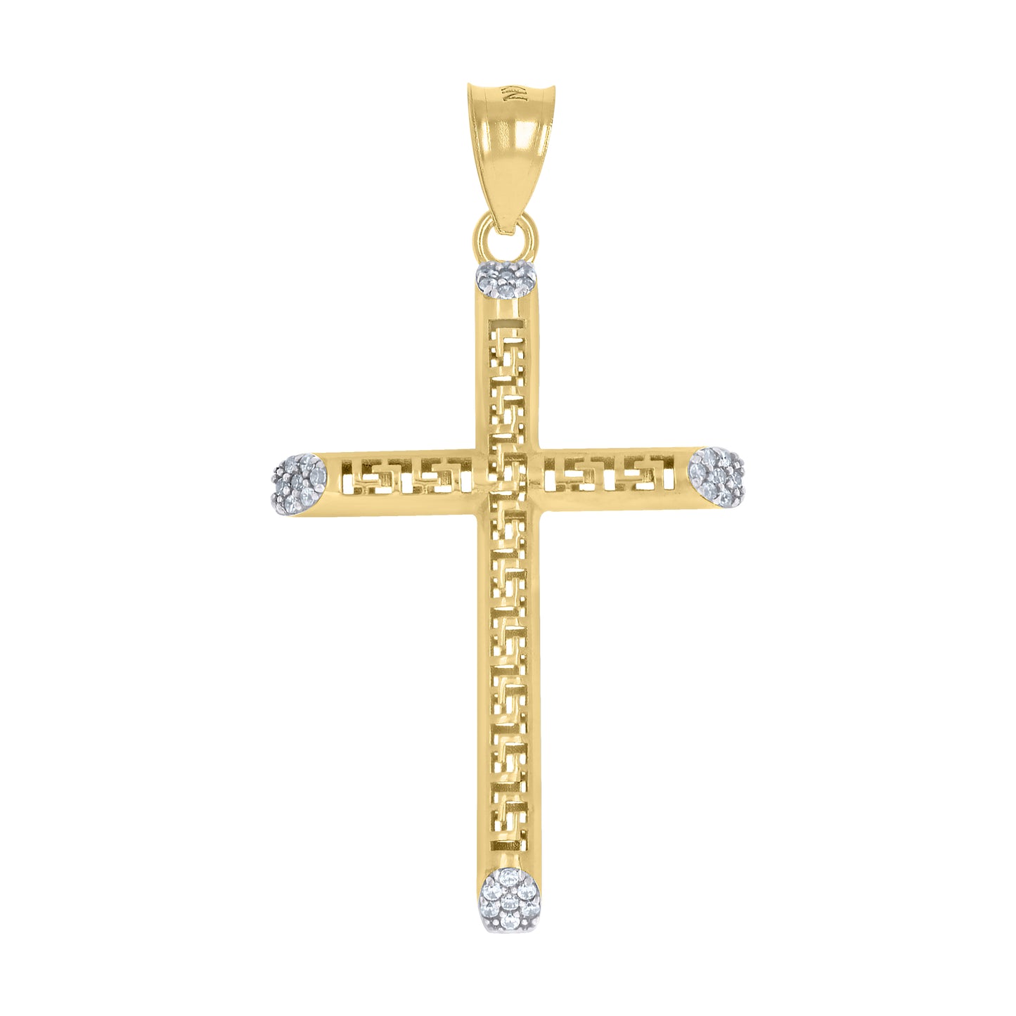 10kt Two-tone Gold Unisex Cubic-Zirconia Greek Key Pattern Cross Religious Charm Pendant