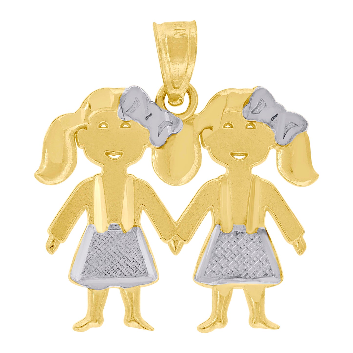 10k Two Tone Gold Diamond Cut Baby Twin Girls Charm Pendant