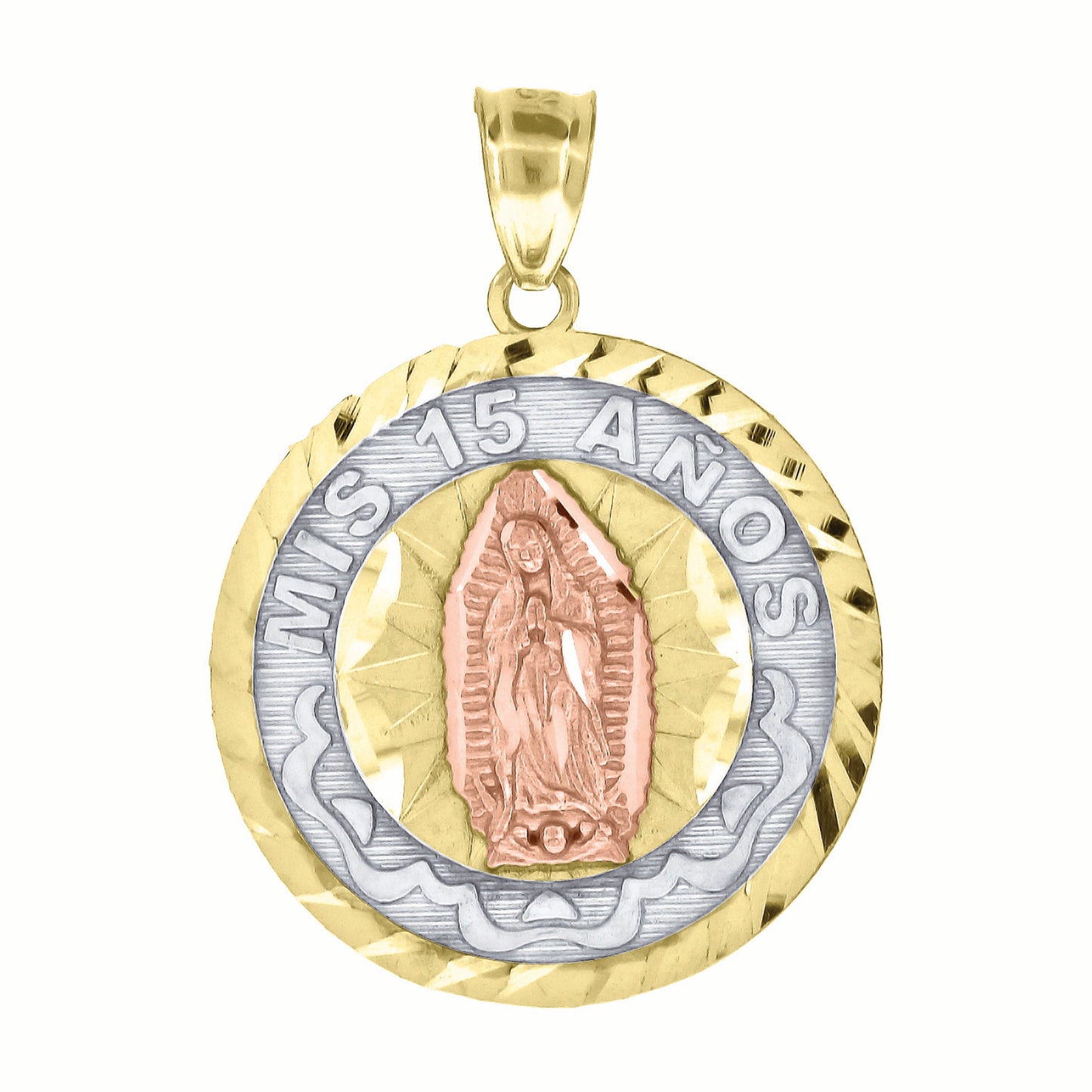 10k Gold Tri Color Diamond Cut Unisex Mis 15 Anos Guadalupe Mary Quinceanera Pendant