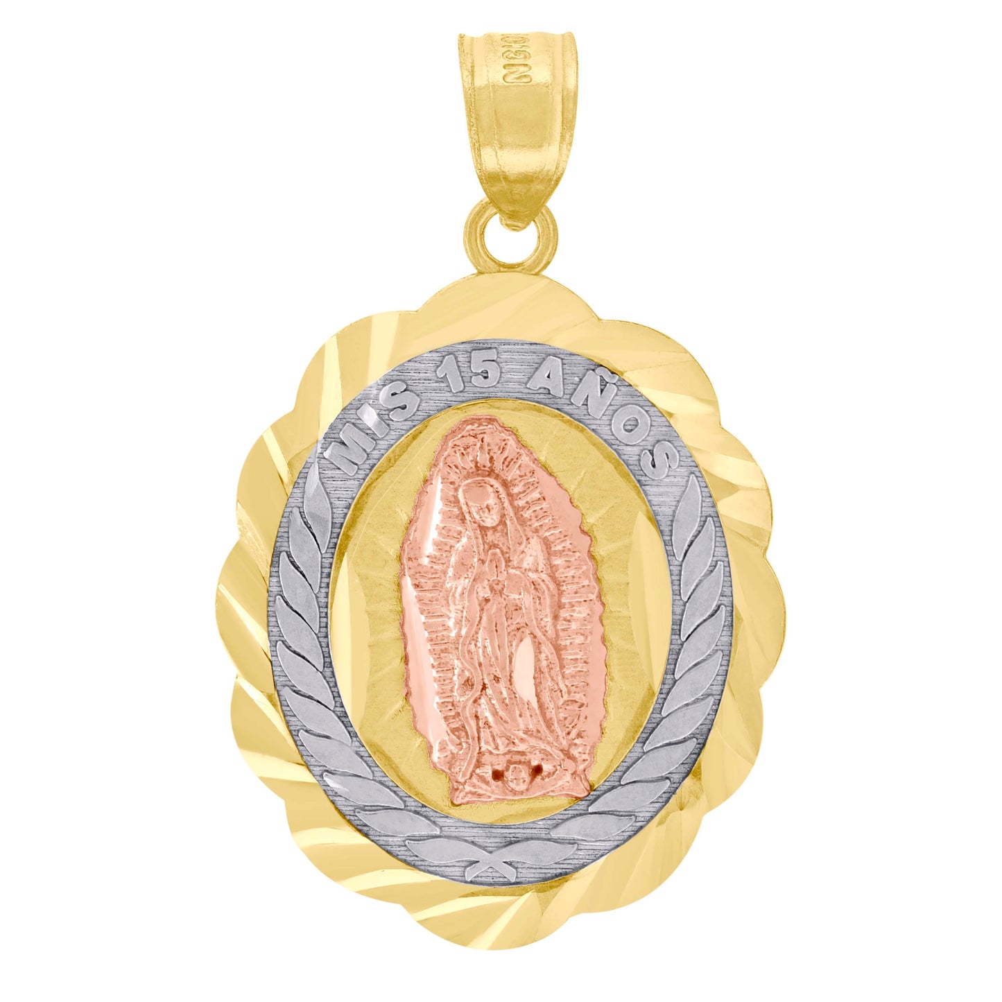 10k Gold Tri Color Diamond Cut Unisex Mis 15 Anos Guadalupe Mary Quinceanera Pendant