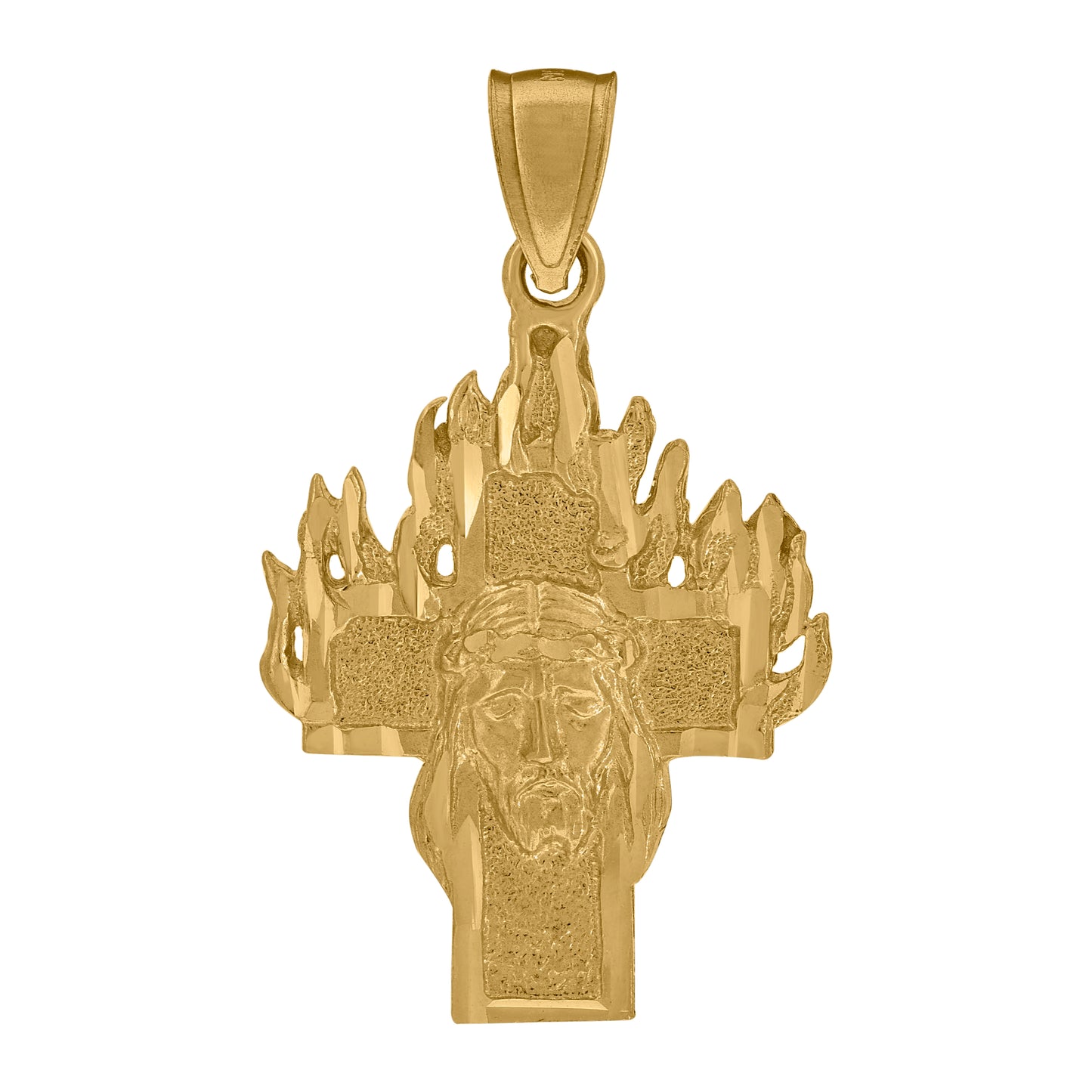 10kt Yellow Gold Diamond-Cut Textured Mens Jesus Cross Flames Religious Charm Pendant