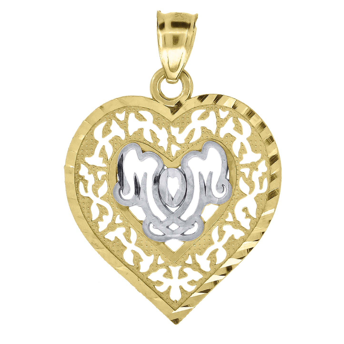 10k Gold Two Tone Diamond Cut Womens Mom Heart Charm Pendant