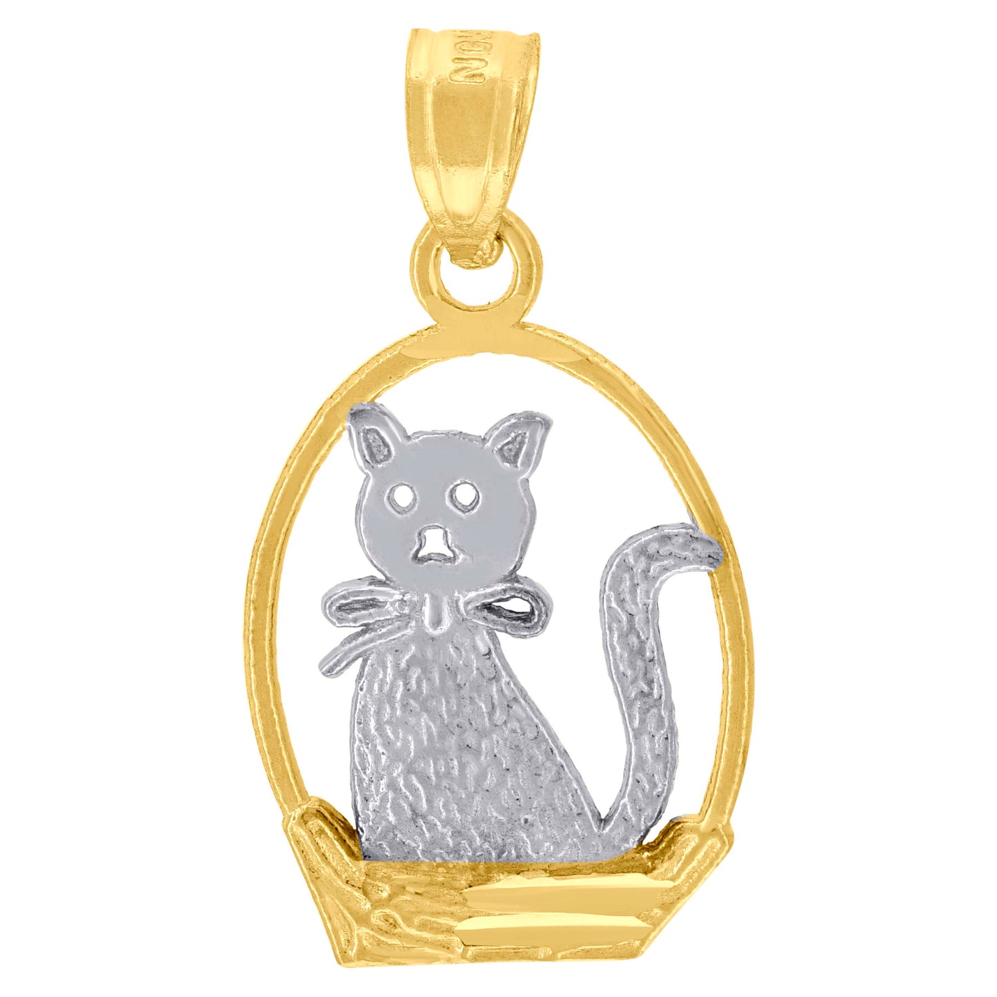 10k Gold Two Tone Diamond Cut Womens Cat Basket Animal Charm Pendant