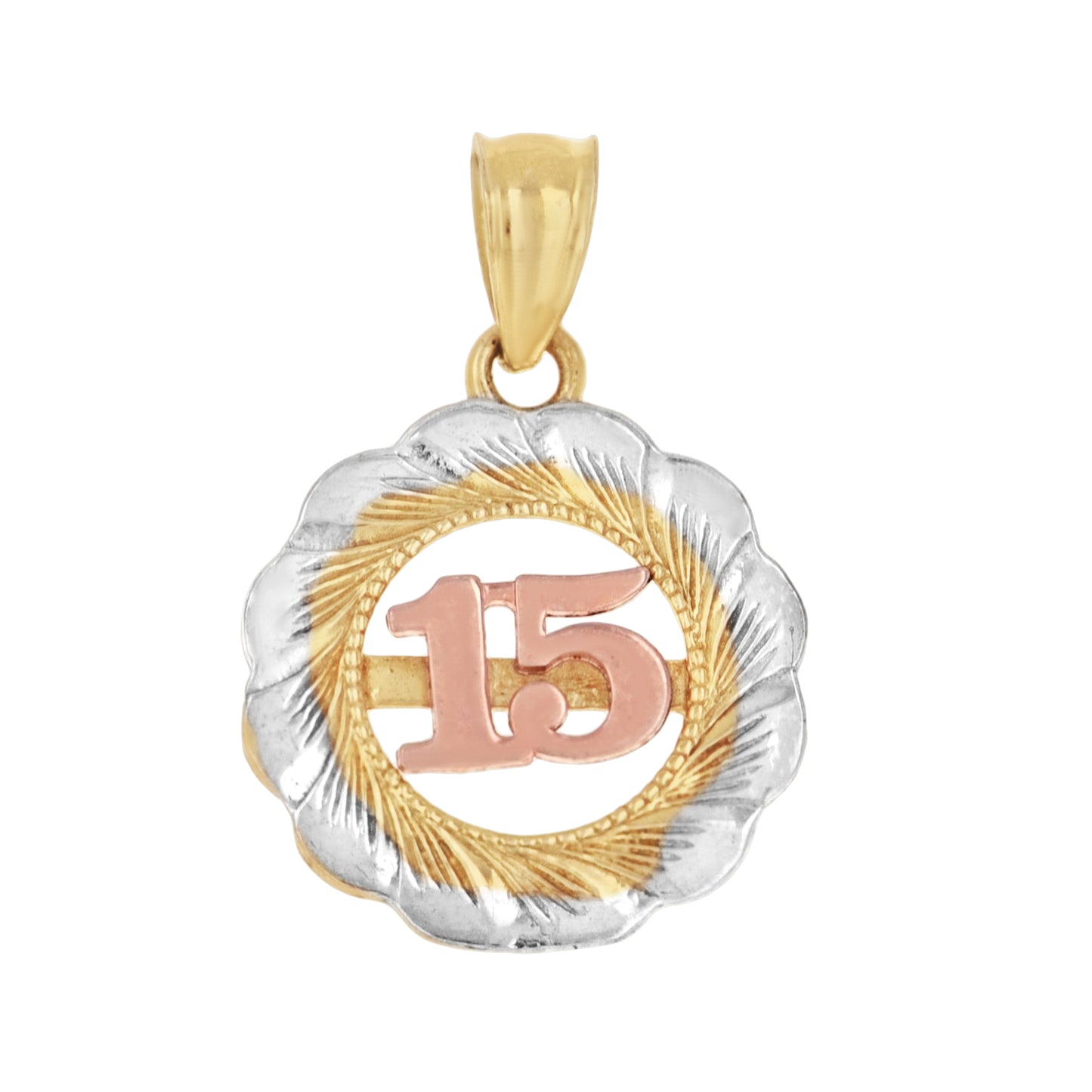 10k Gold Tri Color Diamond Cut Womens 15 Anos Quinceanera Charm Pendant