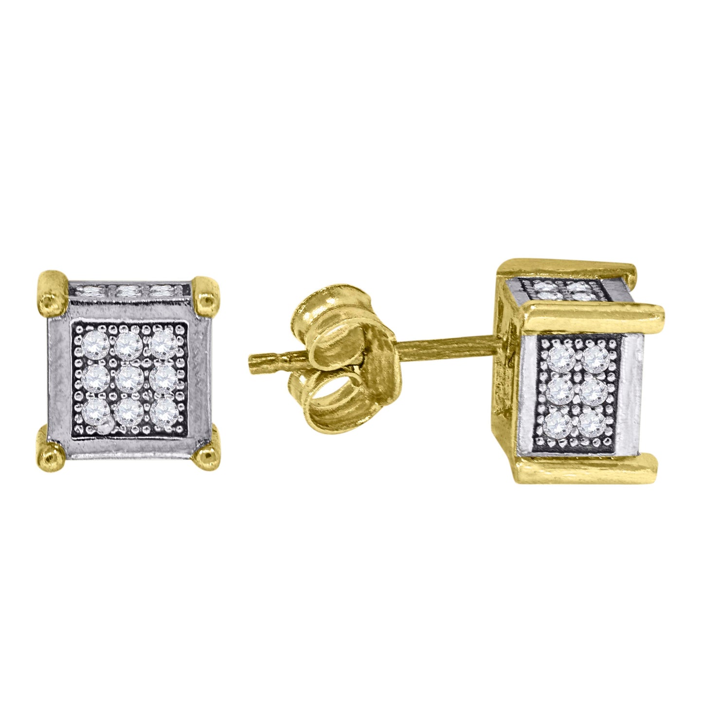 10k Gold Two-Tone CZ Mens Square 7mm X 7mm Push Back Studs
