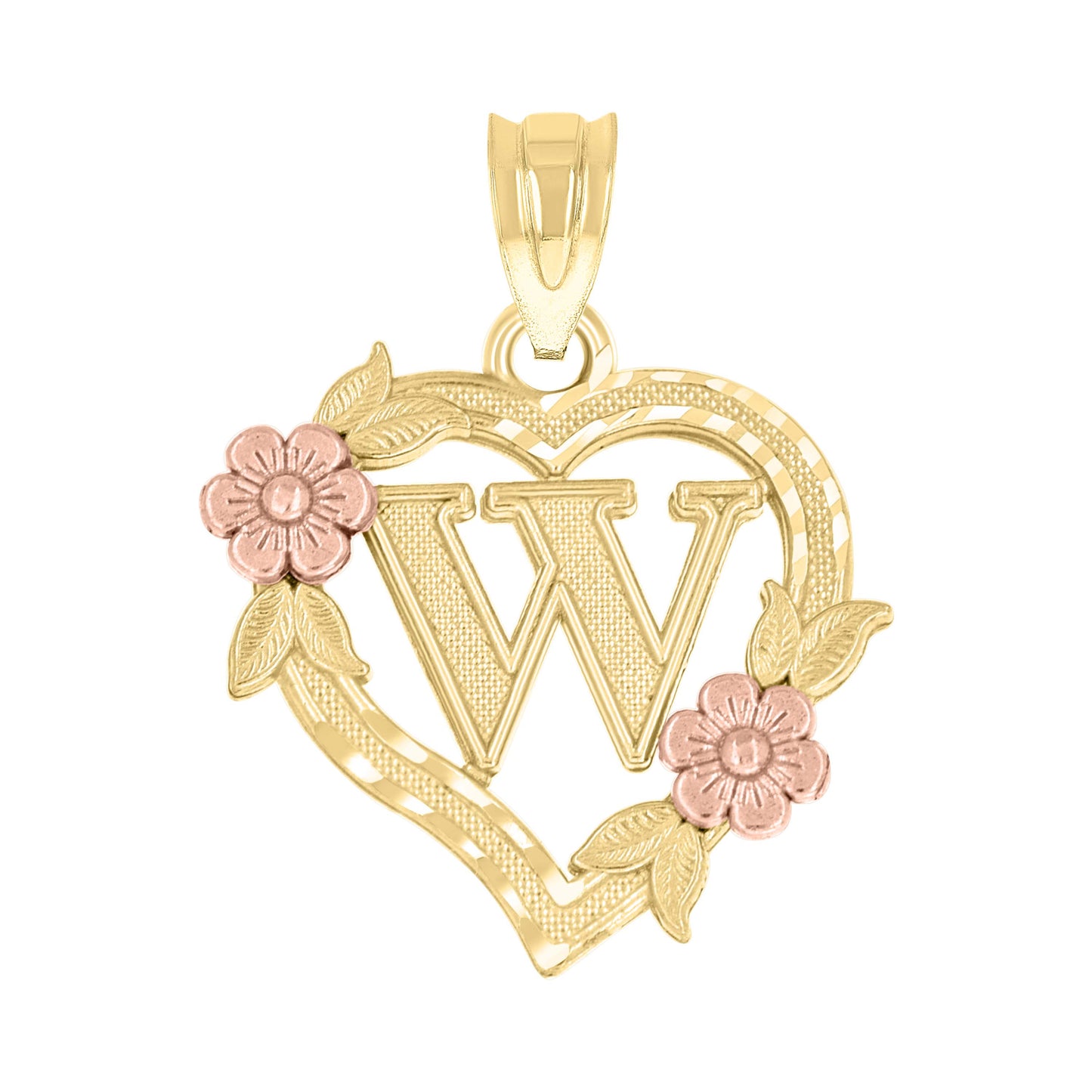 10k Two Tone Gold Womens Heart Flower Initial Letter W Charm Pendant