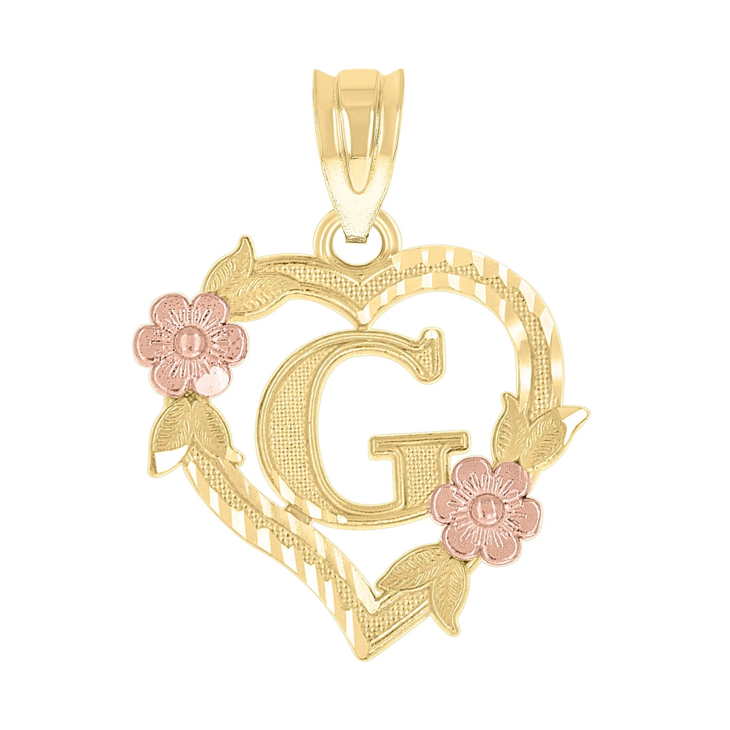 10k Two Tone Gold Womens Heart Flower Initial Letter G Charm Pendant