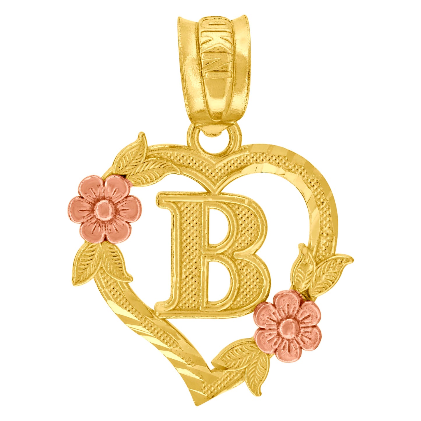 10k Two Tone Gold Womens Heart Flower Initial Letter B Charm Pendant