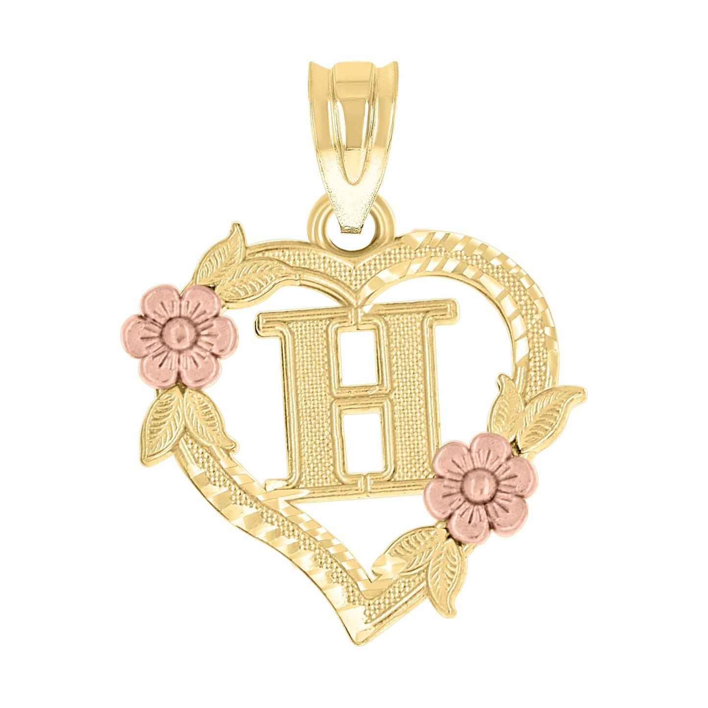 10k Two Tone Gold Womens Heart Flower Initial Letter H Charm Pendant