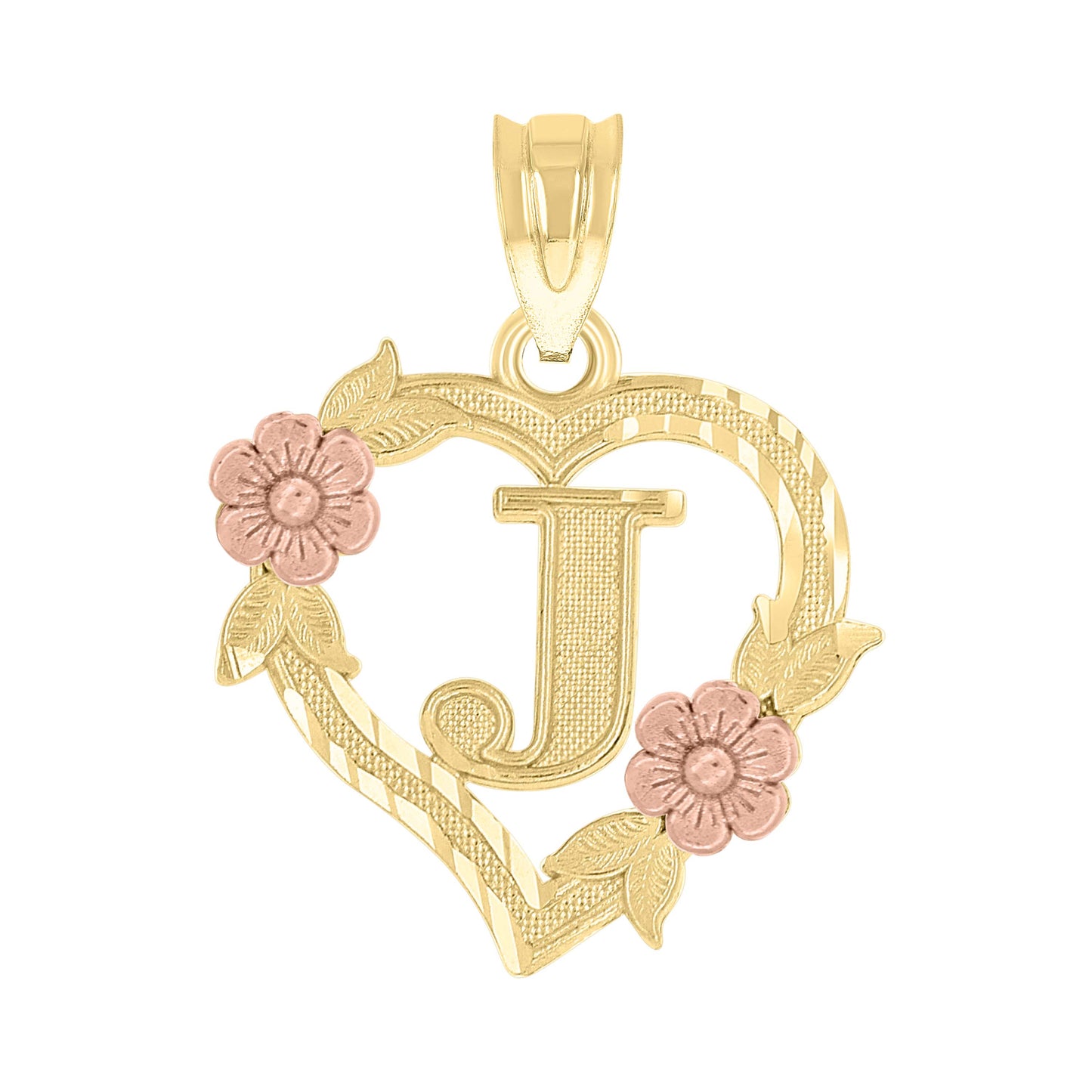 10k Two Tone Gold Womens Heart Flower Initial Letter J Charm Pendant