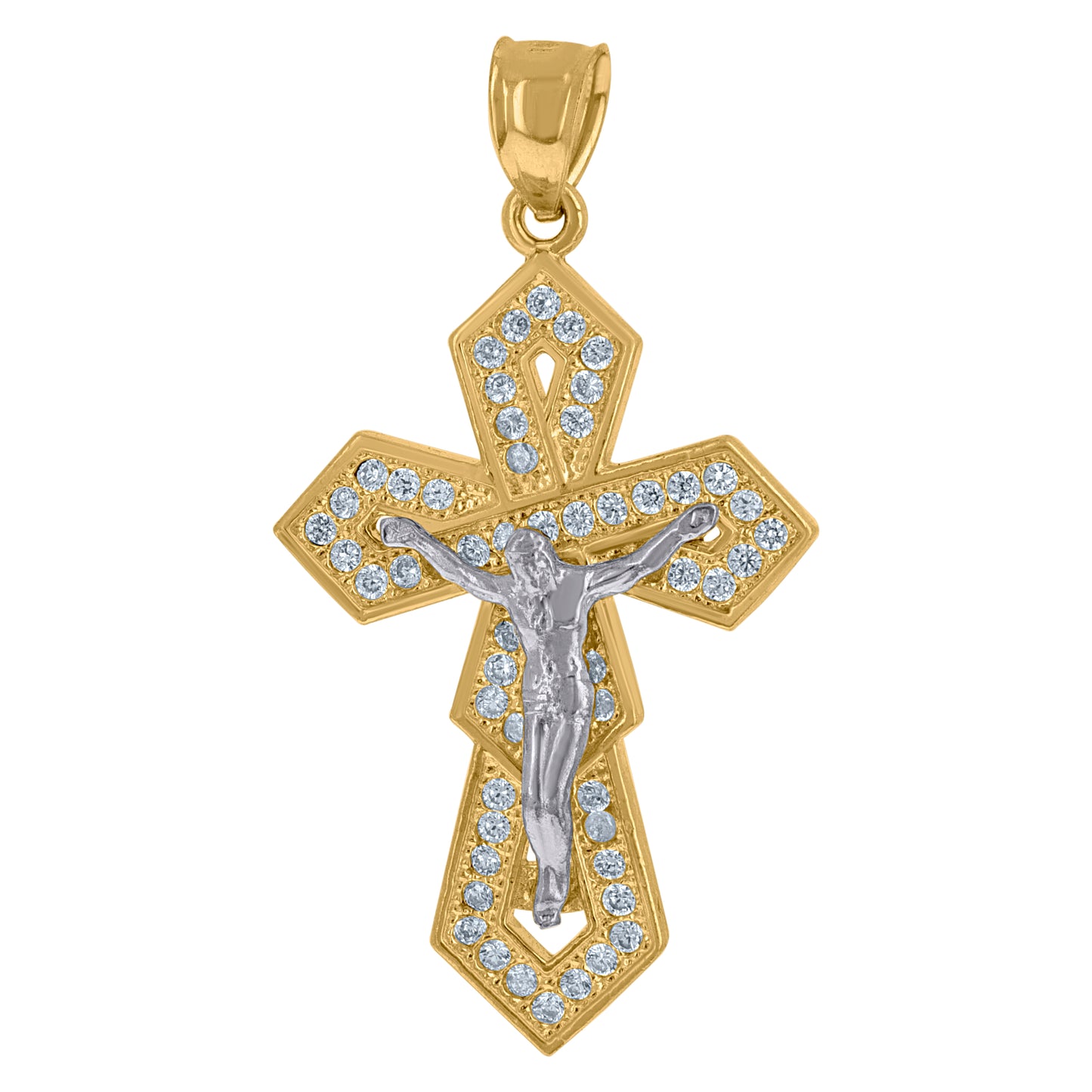 10kt Two-tone Gold Mens Cubic-Zirconia Crucifix Cross Religious Charm Pendant