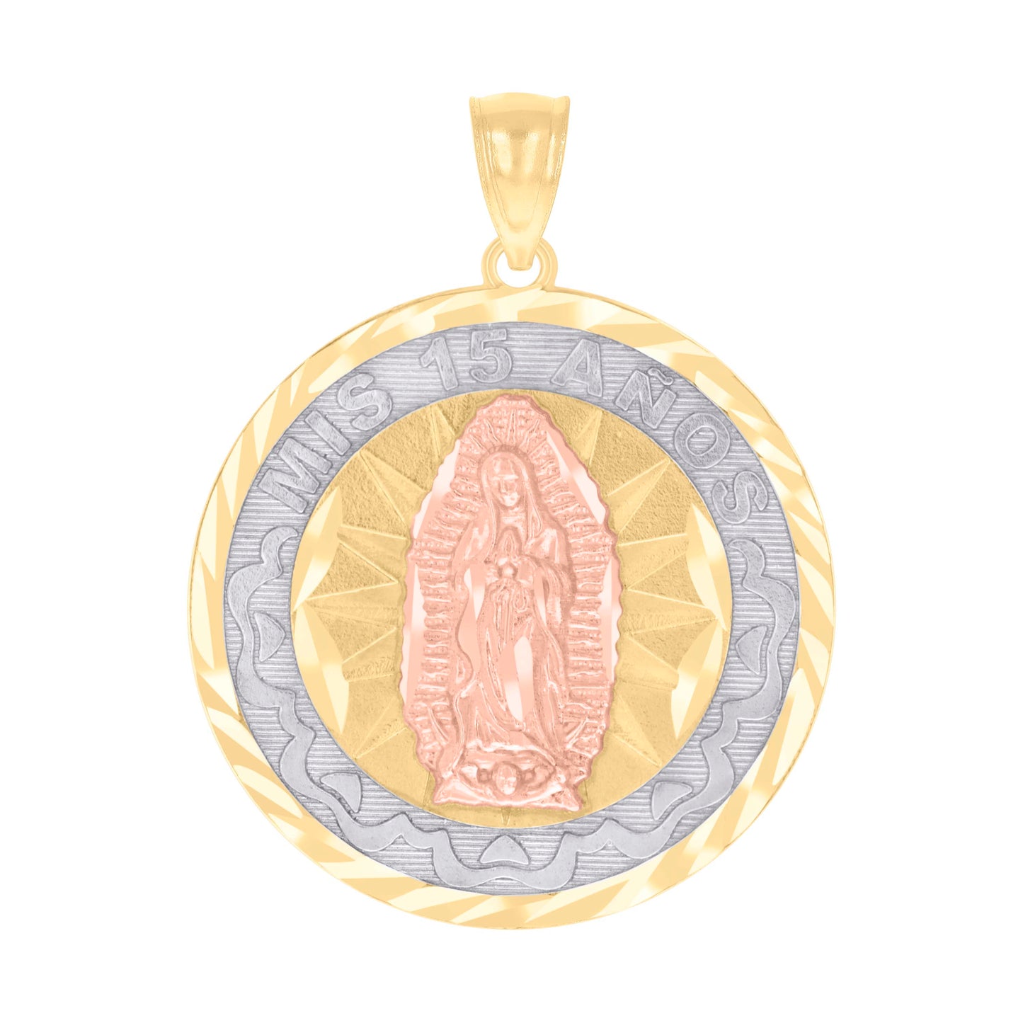 10k Gold Tri Color Diamond Cut Womens Mary Mis 15 Anos Quinceanera Charm Pendant