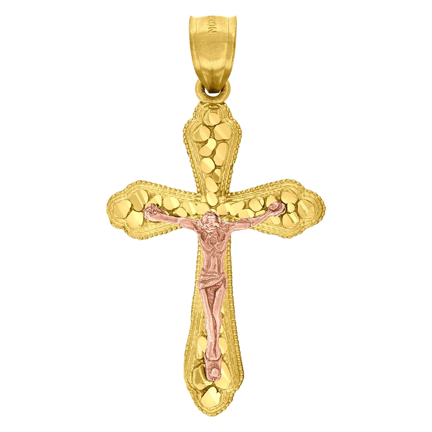 10kt Two-Tone Gold Mens Women Nugget Textured Crucifix Cross Religious Charm Pendant