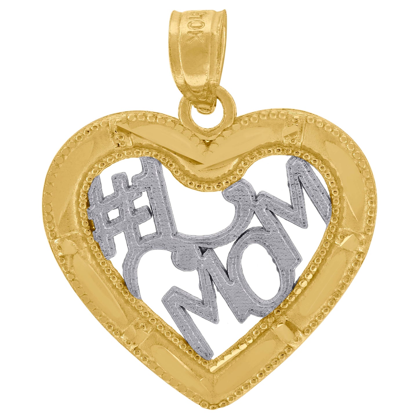 10k Gold Two Tone Diamond Cut Womens Heart No.1 Mom Charm Pendant