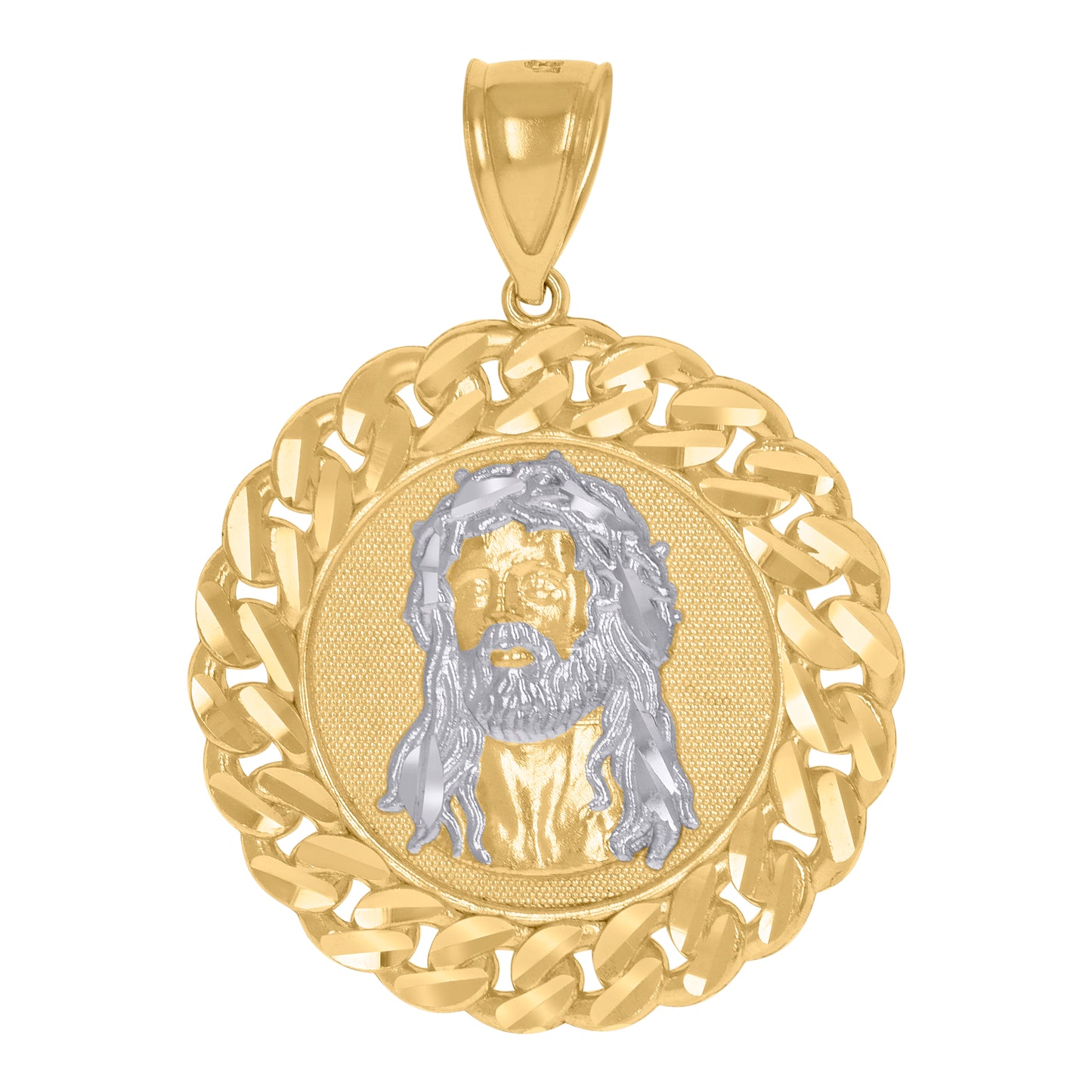 10kt Two-Tone Gold Mens Women Diamond-Cut Curb Border Jesus Christ Religious Charm Pendant