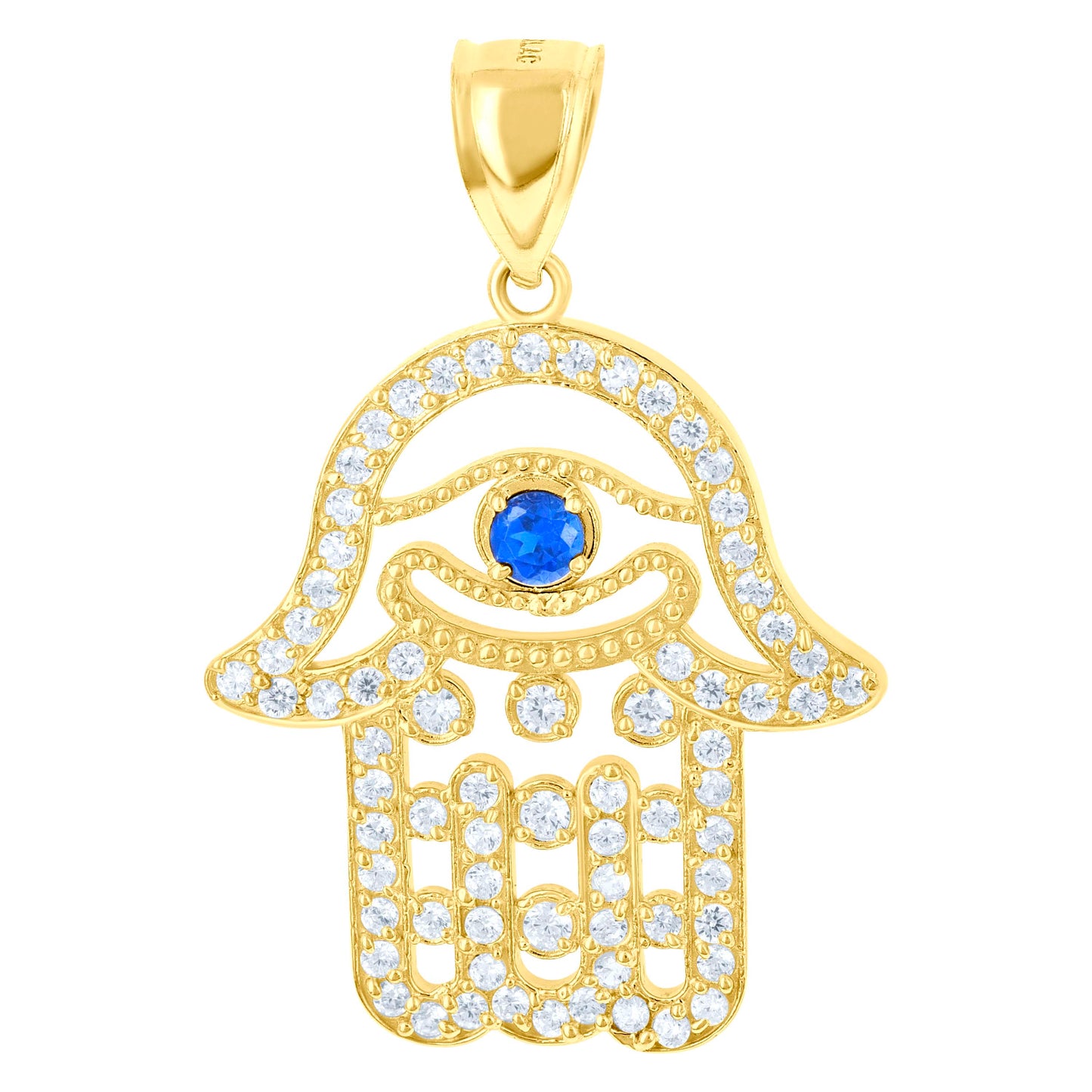 10kt Yellow Gold Mens White Royal Blue Cubic Zirconia Hamsa Religious Charm Pendant