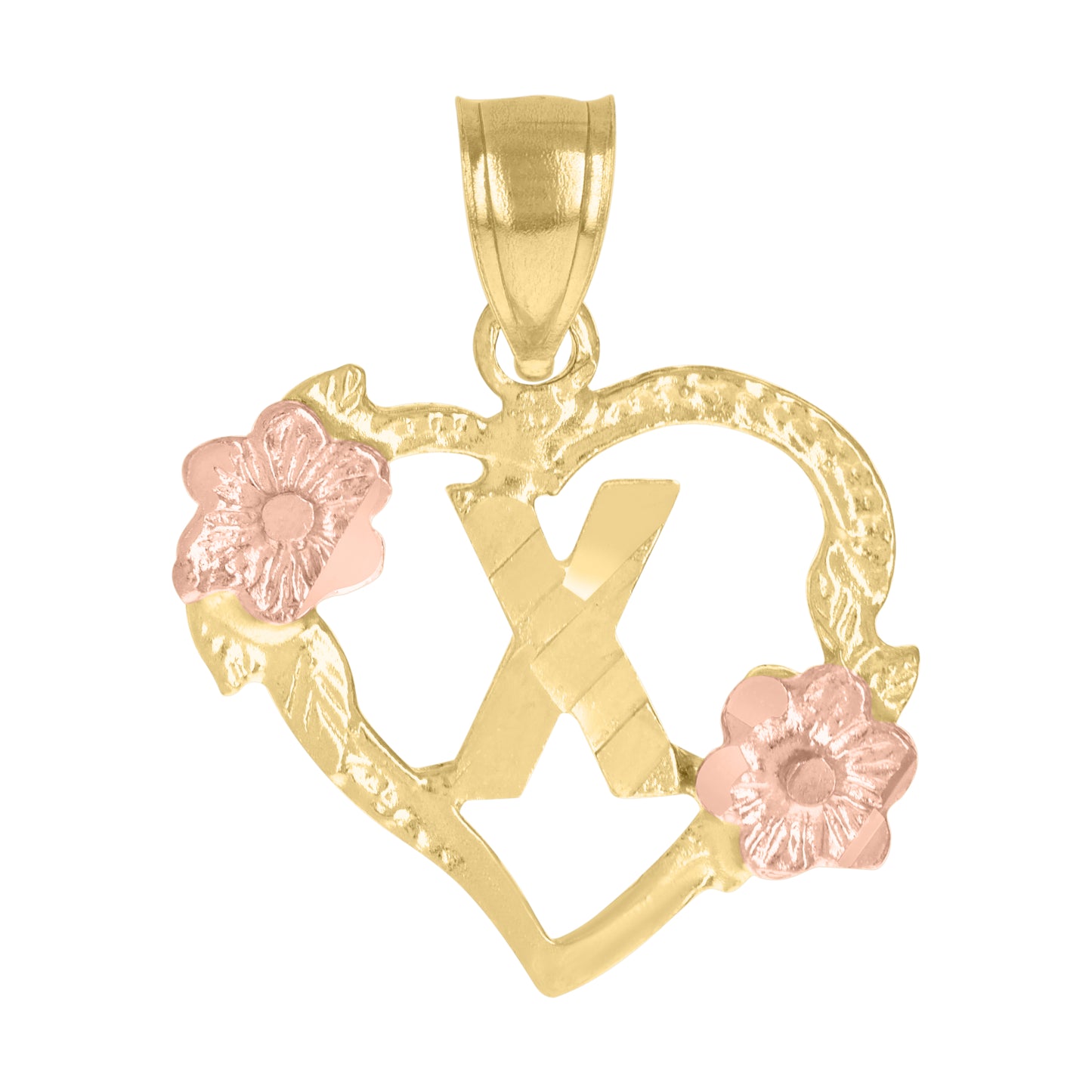 10k Two tone Gold Womens Initial Alphabet X Flower Heart Charm Pendant