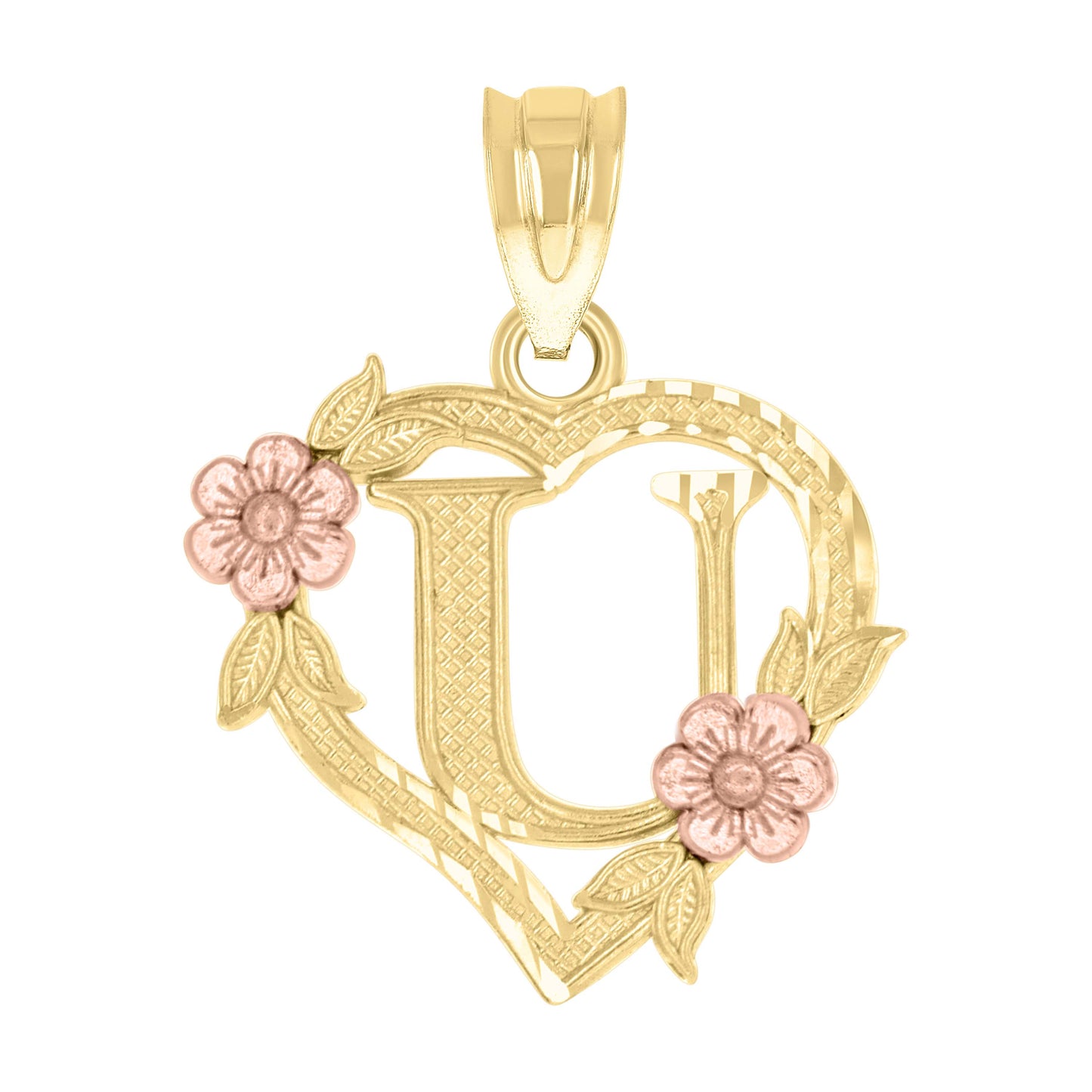 10k Two Tone Gold Womens Heart Flower Initial Letter U Charm Pendant