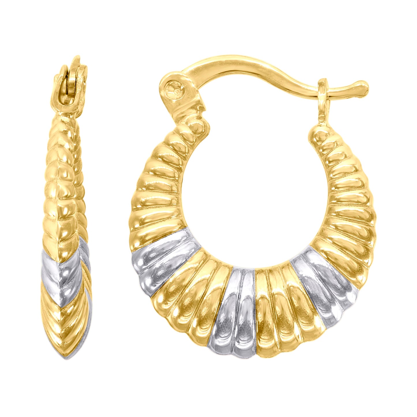 10k Gold Two-Tone Womens Shrimp 14.4mm Hinged Hoops Huggies