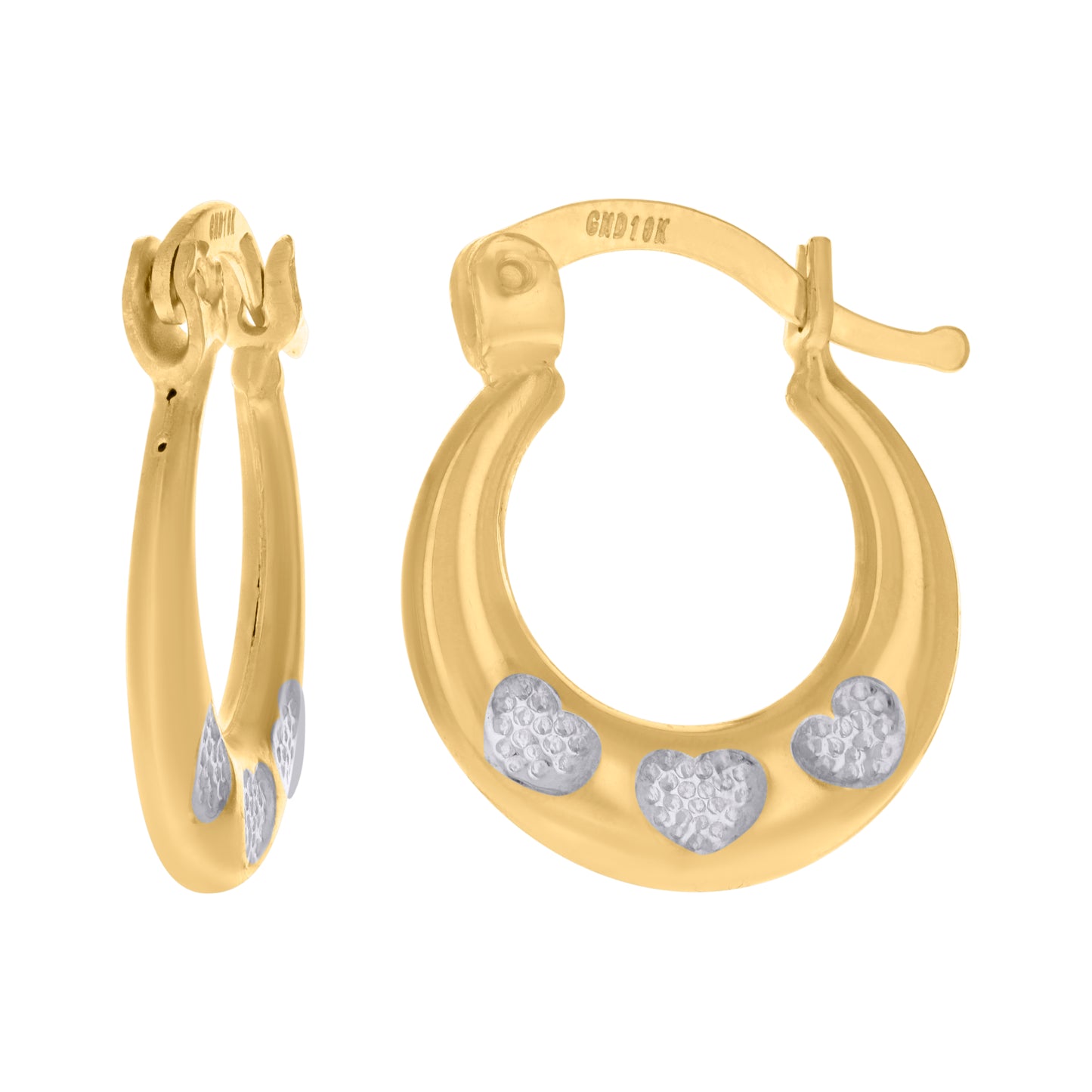 10k Gold Two-Tone Womens Heart 14mm X16.5mm Hinged Hoops Huggies
