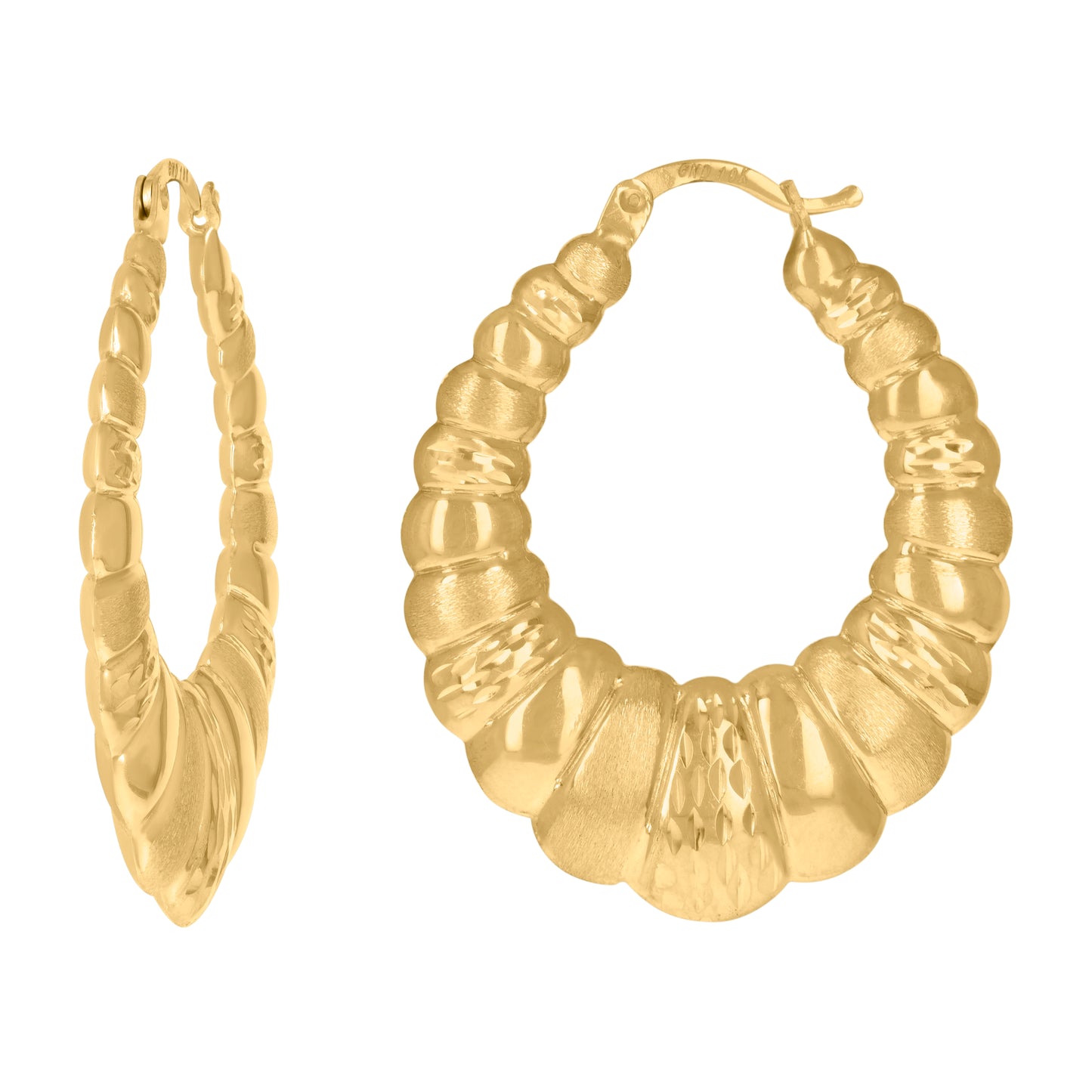 10k Yellow Gold Brushed Womens Scalloped 30.1mm Hinged Hoops Huggies