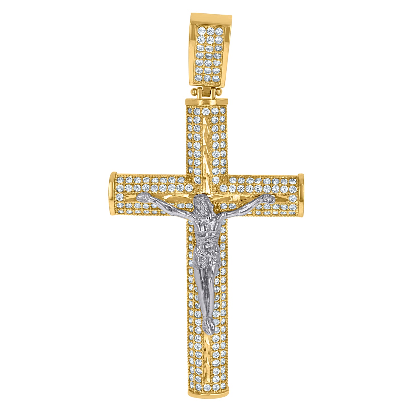 10k Two tone Gold Mens Cubic Zirconia Crucifix Cross Religious Charm Pendant