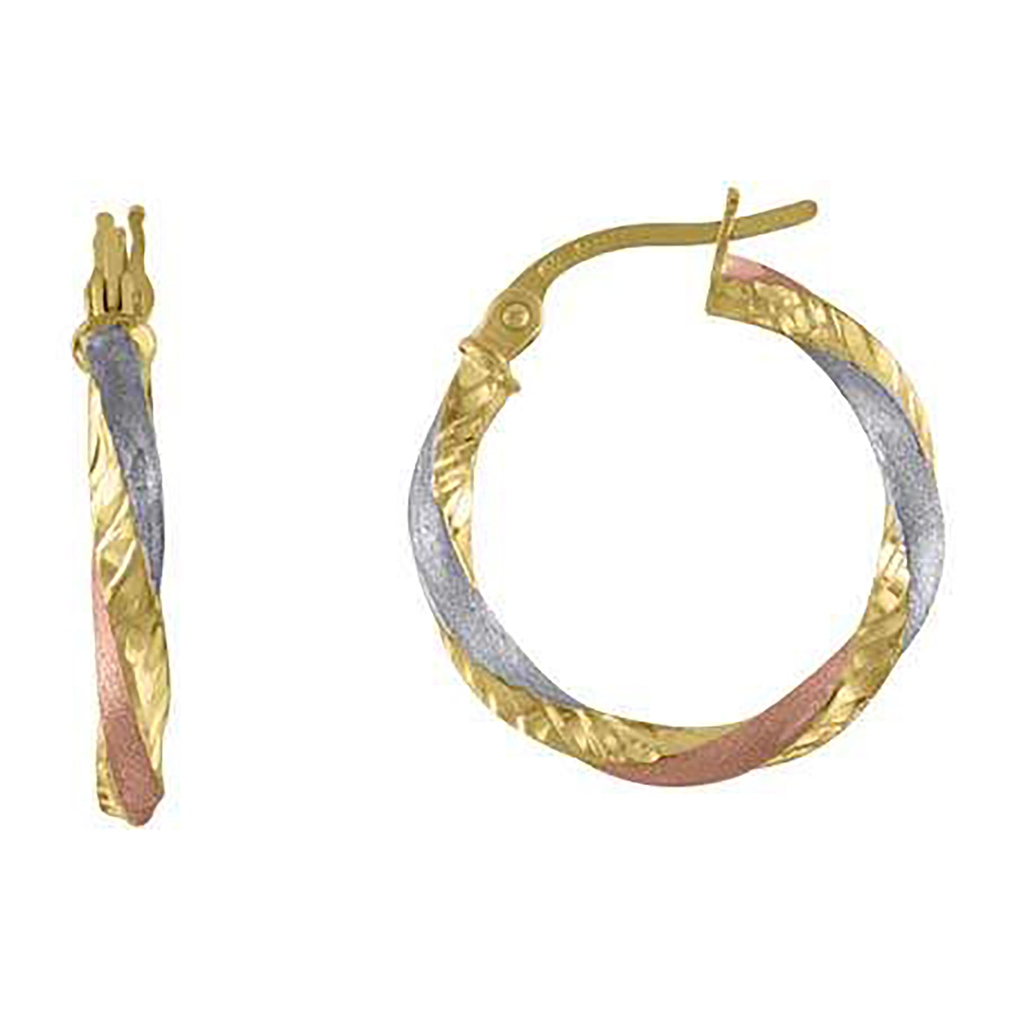 10k Tri-Color Gold Womens Twisted 2.5mm X 15mm Hinged Hoops Huggies