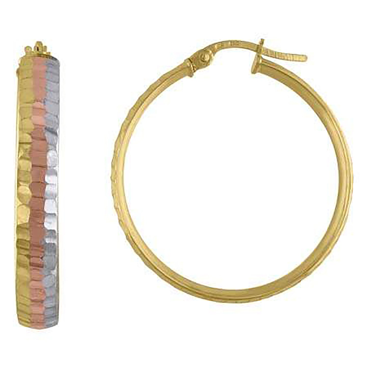 10k Tri-Color Gold Womens Diamond-cut 4mm X 25mm Hinged Hoops Huggies
