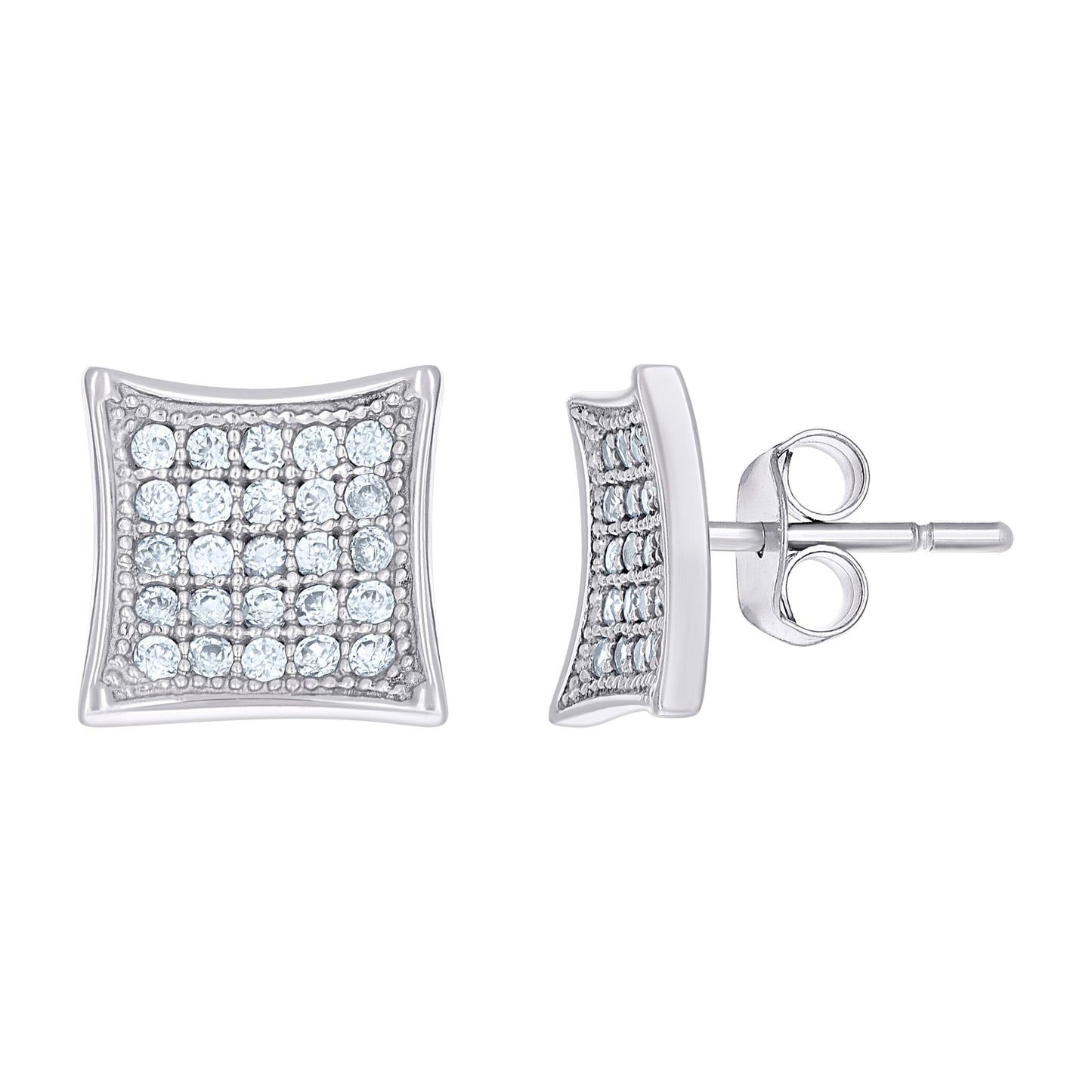 10k White Gold Womens CZ Concave Square Push Back Stud Earrings