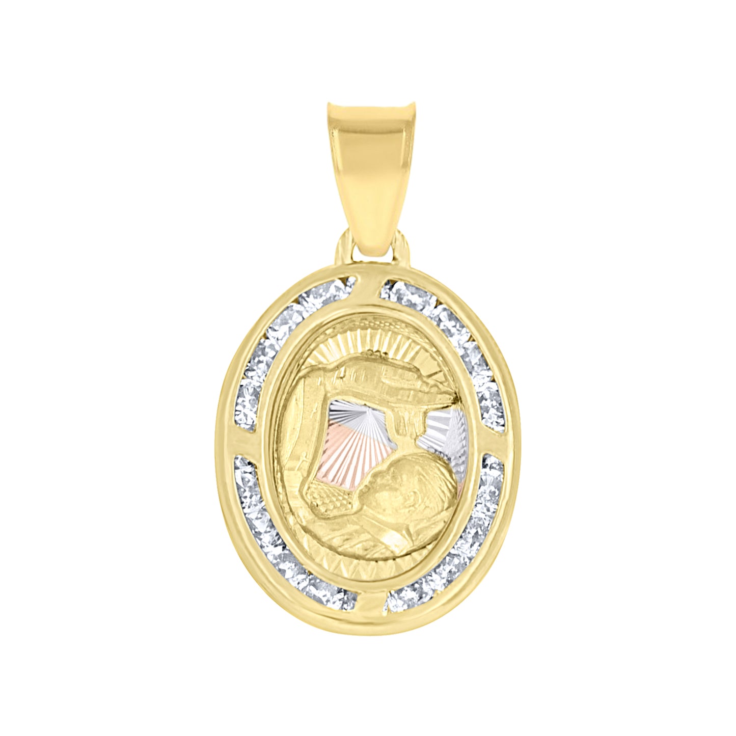 10k Tri Color Gold Unisex Cubic Zirconia Religious Oval Charm Pendant