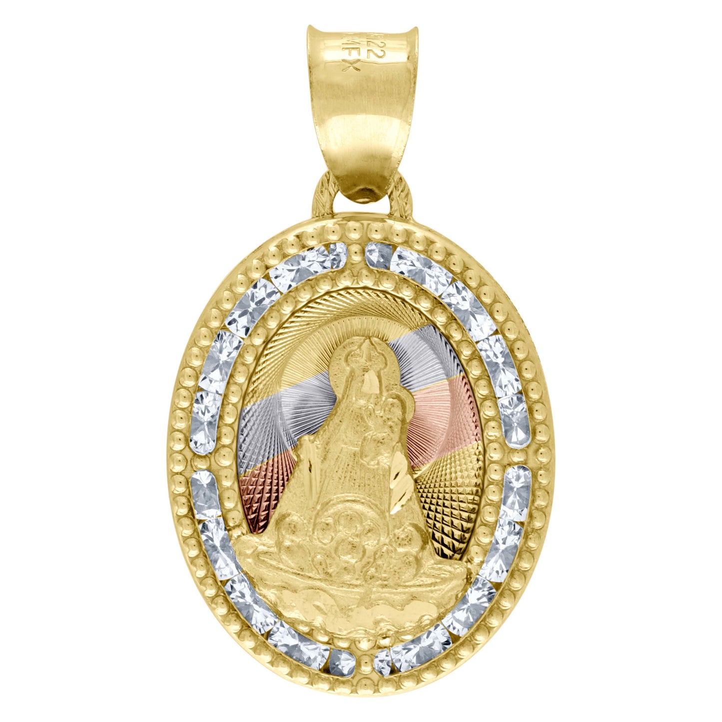 10kt Tri-Color Gold Unisex Cubic Zirconia Cubic-Zirconia Lady Of Loreto Religious Oval Charm Pendant