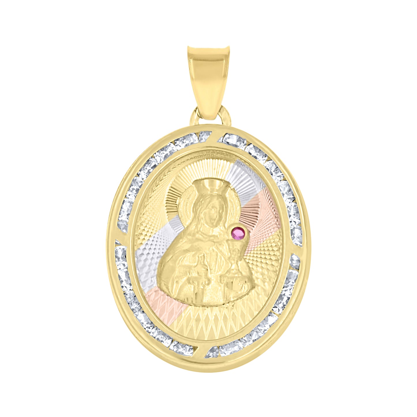 10kt Tri-Color Gold Unisex Cubic Zirconia Cubic-Zirconia Saint Barbara Religious Oval Charm Pendant