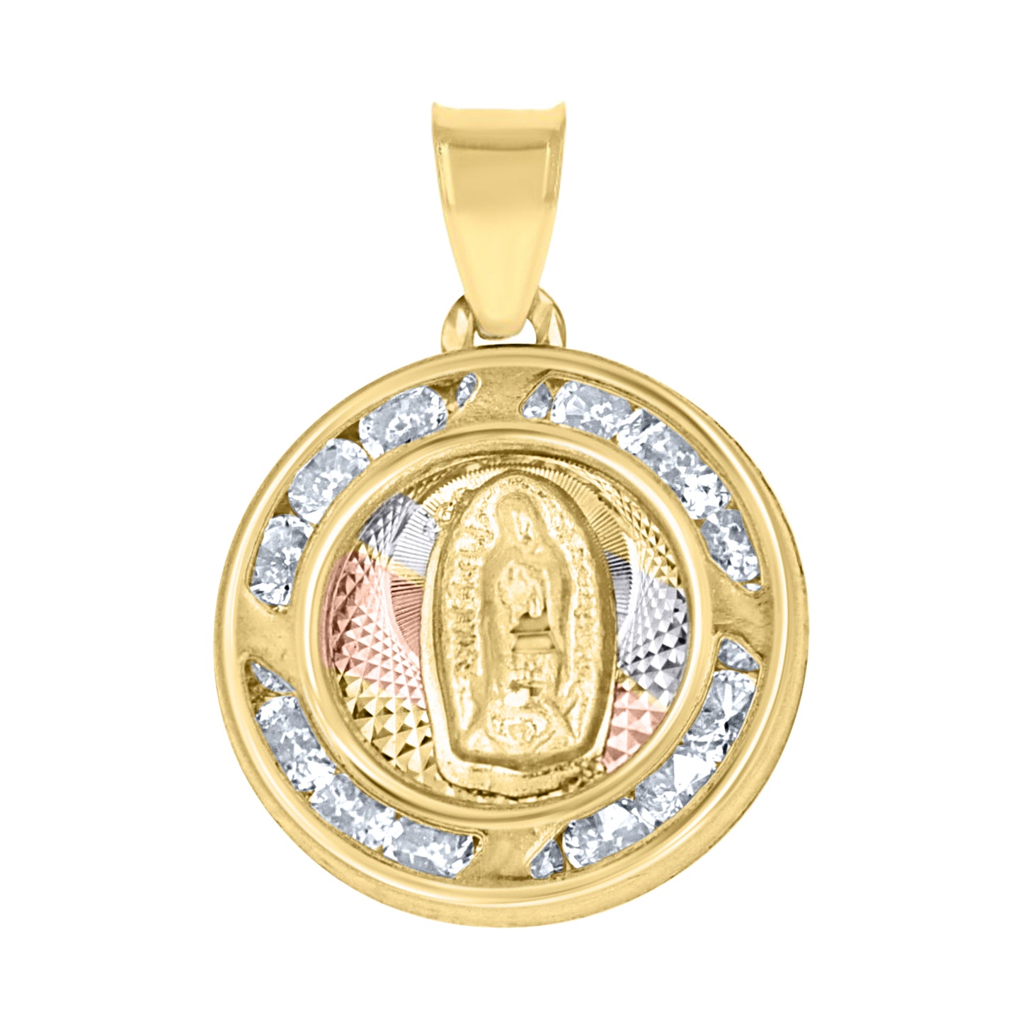 10kt Tri-Color Gold Unisex Cubic-Zirconia Diamond-Cut Textured Lady Of Guadalupe Religious Charm Pendant