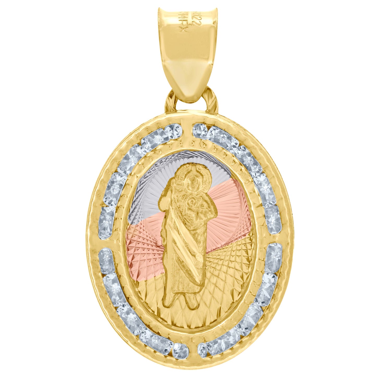 10kt Tri-Color Gold Mens Cubic Zirconia Textured Saint Jude Oval Charm Pendant