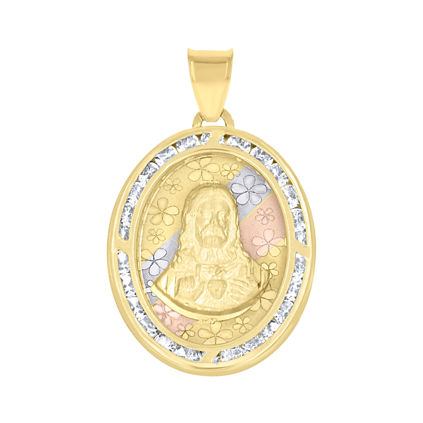 10kt Tri-Color Gold Unisex Cubic Zirconia Diamond-Cut Jesus Face Religious Charm Pendant
