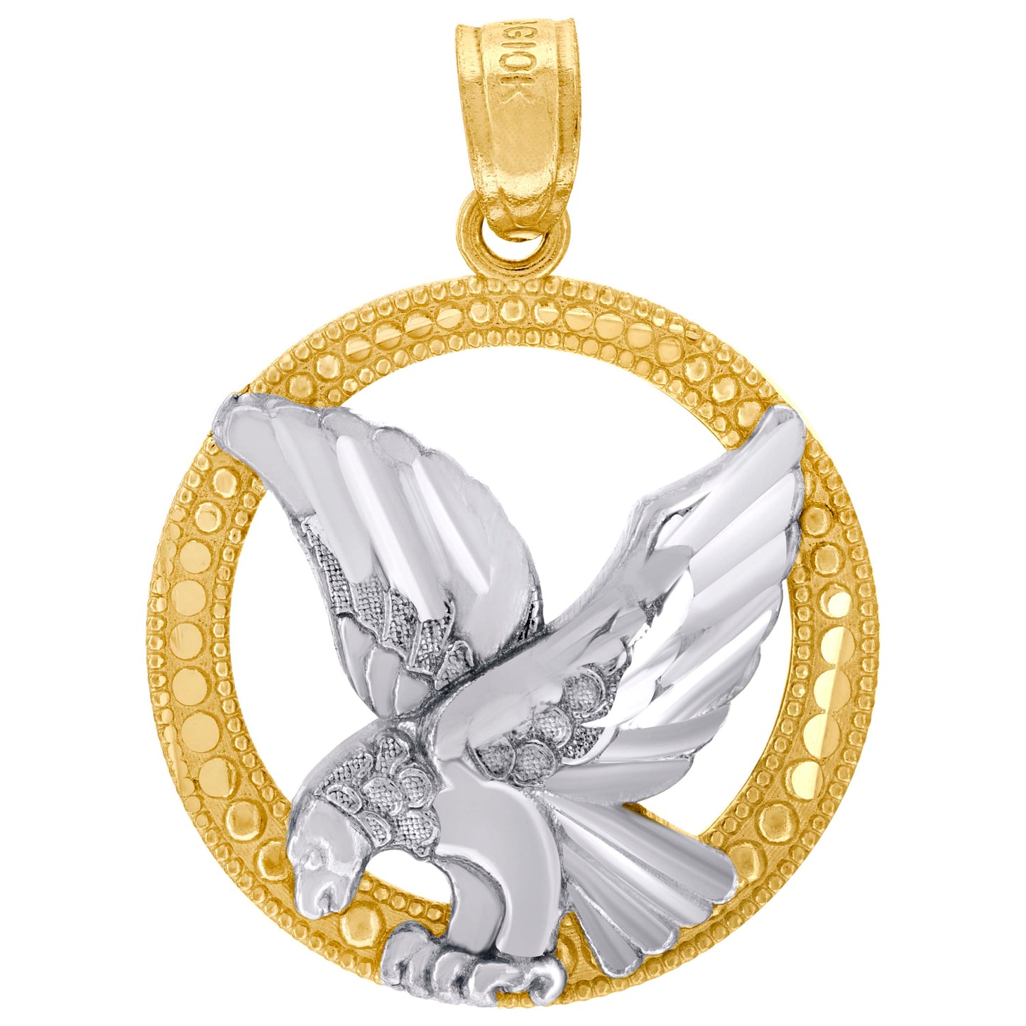 10k Two Tone Gold Mens Diamond Cut Textured Flying Eagle Bird Charm Pendant
