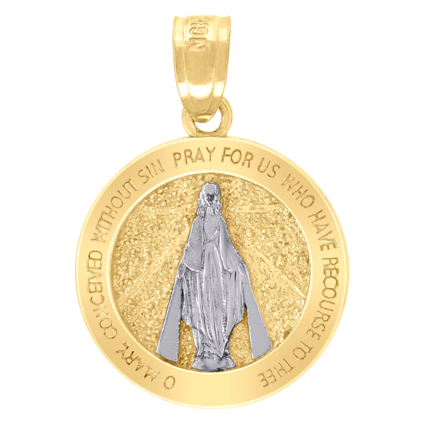 10kt Two-Tone Gold Unisex Textured O Mary Pray For Us Religious Charm Pendant