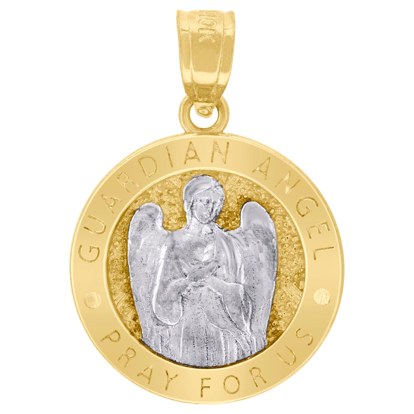 10k Two Tone Gold Unisex Textured Guardian Angel Pray For Us Religious Charm Pendant