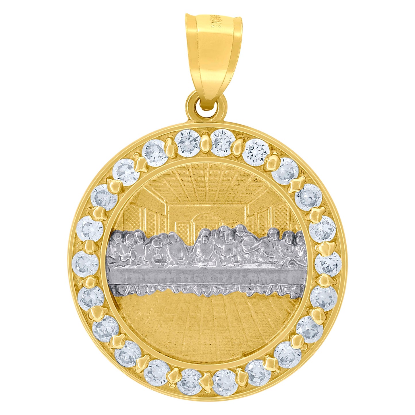 10kt Two-Tone Gold Unisex Cubic-Zirconia Last Supper Religious Round Medal Pendant