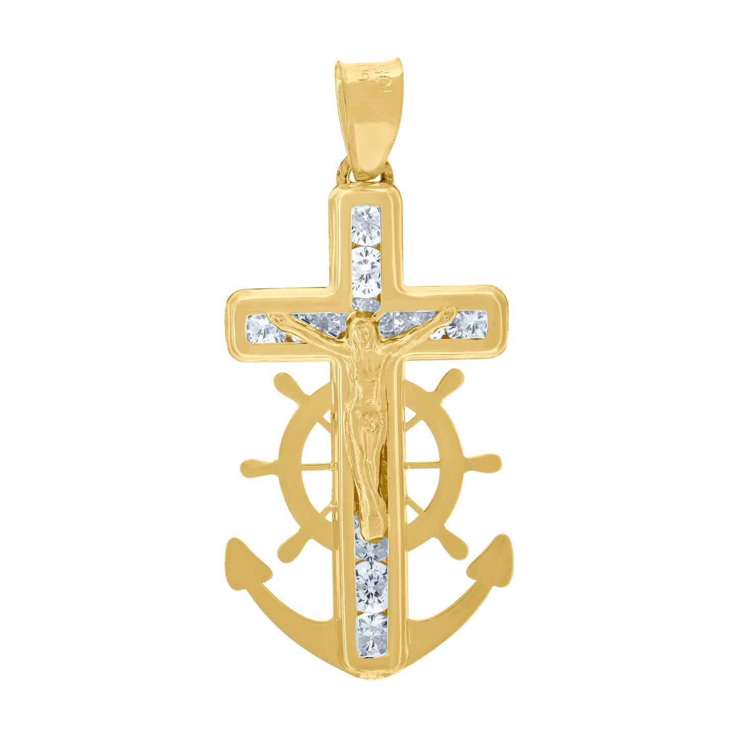 10kt Yellow Gold Unisex Cubic Zirconia Cubic-Zirconia Anchor Crucifix Cross Religious Charm Pendant