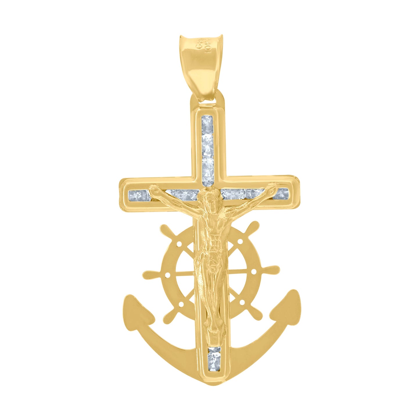 10kt Yellow Gold Unisex Cubic Zirconia Cubic-Zirconia Anchor Crucifix Cross Religious Charm Pendant