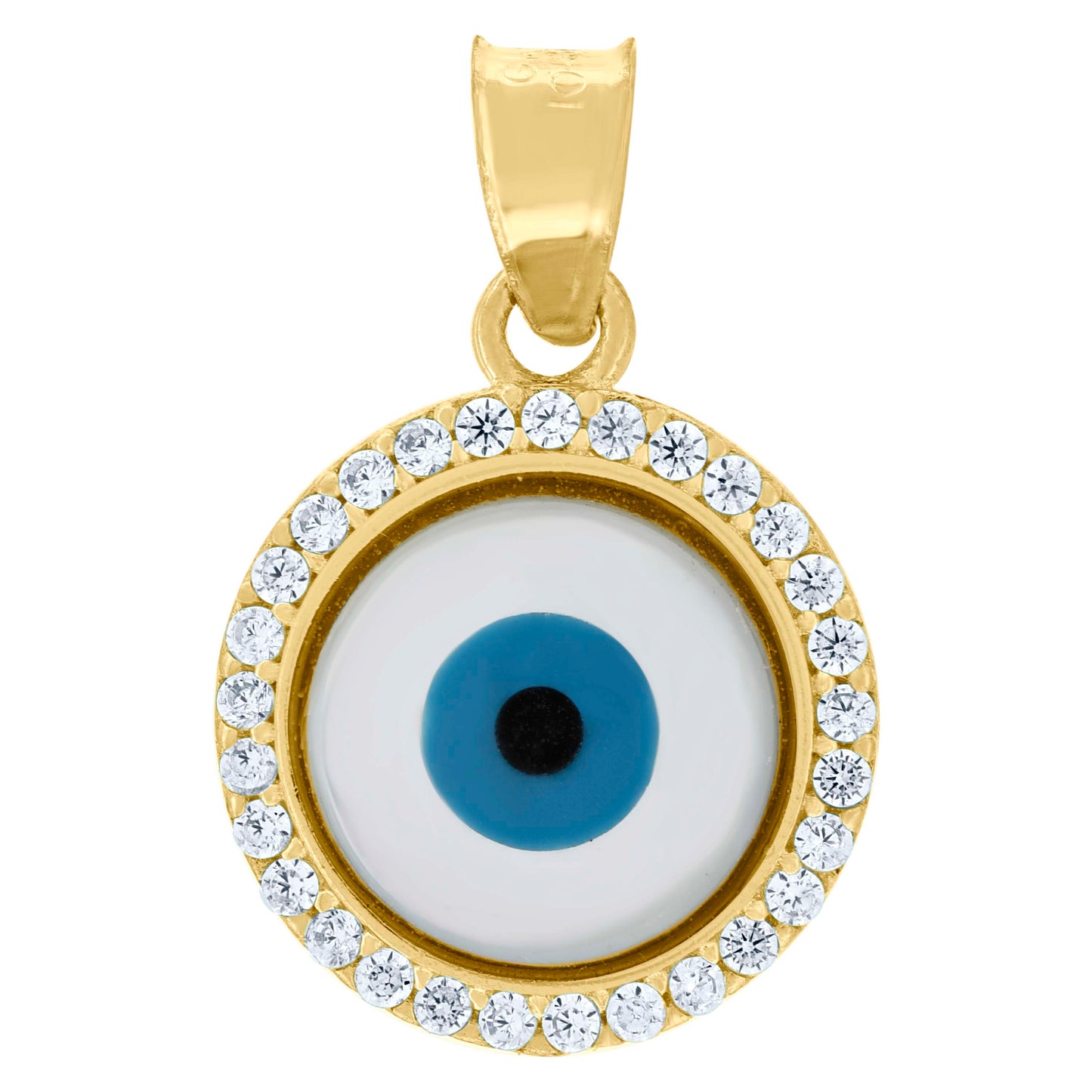10k Yellow Gold Unisex Cubic Zirconia Evil Eye Blue White Enamel Charm Pendant