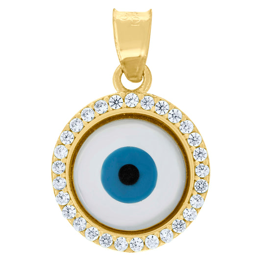 10k Yellow Gold Unisex Cubic Zirconia Evil Eye Blue White Enamel Charm Pendant