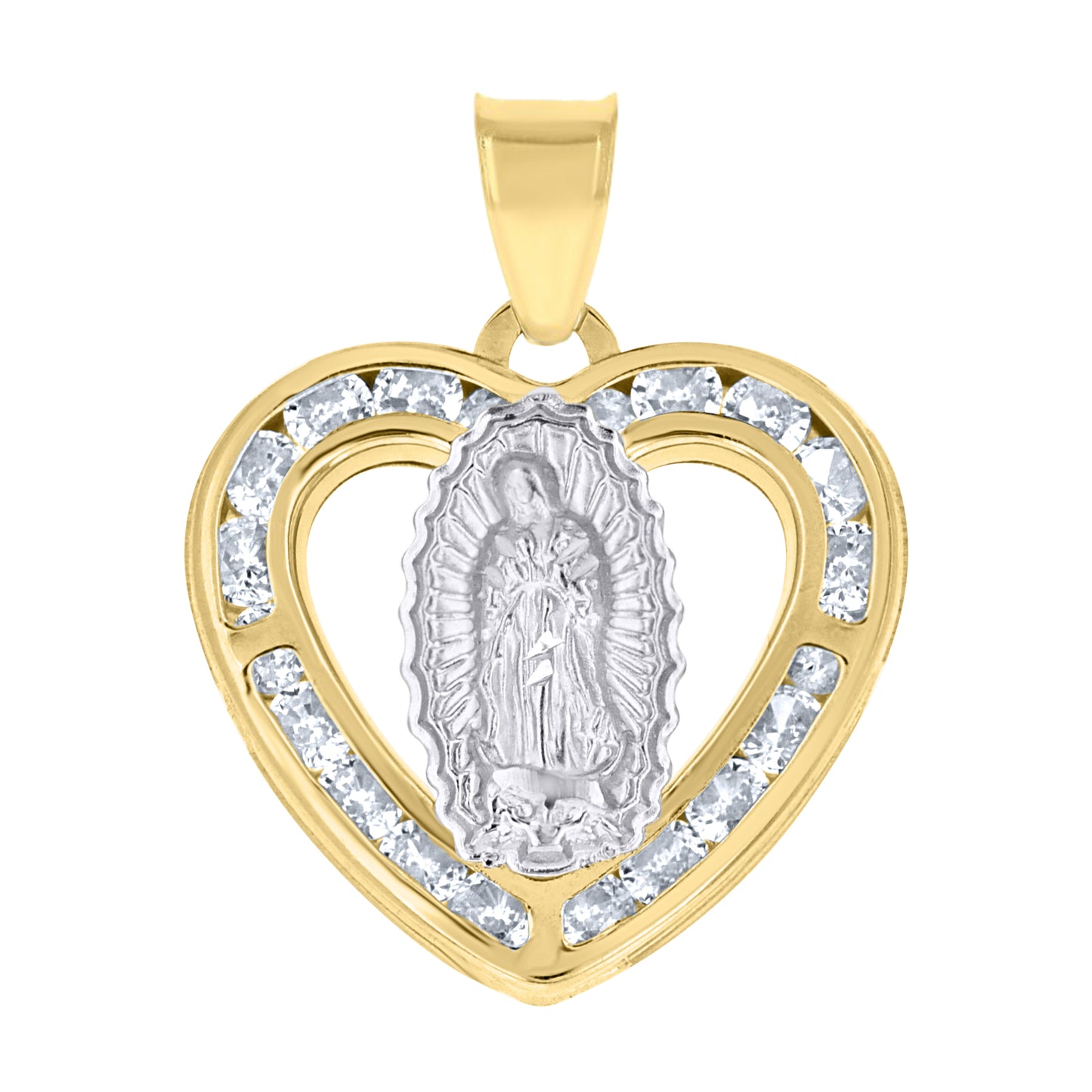 10kt Two-Tone Gold Unisex Cubic-Zirconia Lady Of Guadalupe Heart Religious Charm Pendant