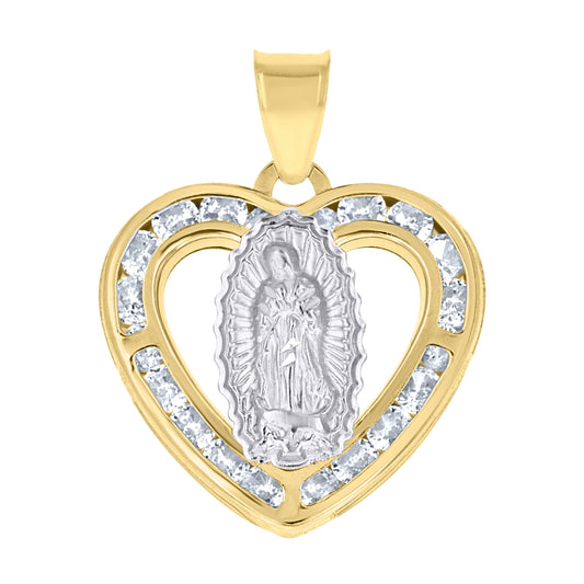 10kt Two-Tone Gold Unisex Cubic-Zirconia Lady Of Guadalupe Heart Religious Charm Pendant